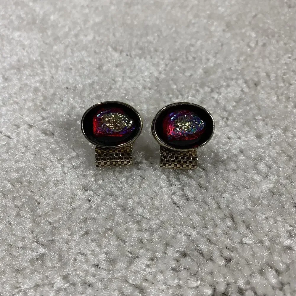 Vintage Gold Tone Mesh Wrap Cufflinks Red Iridescent Glass Mens Oval Jewelry